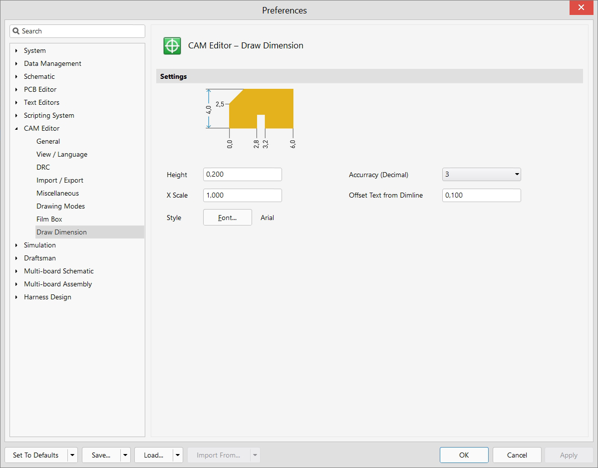 CAM Editor - Preferences - Draw dimension
