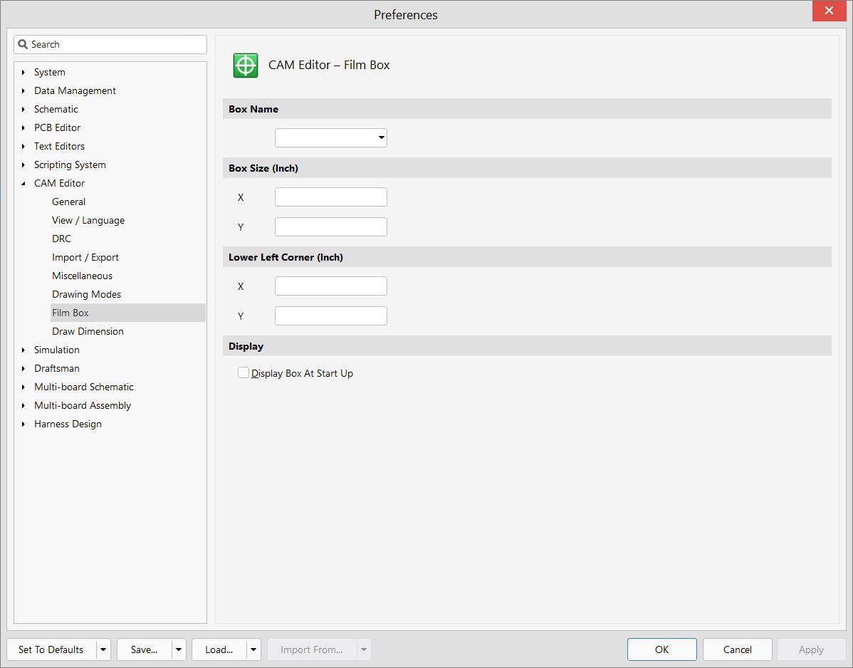 CAM Editor - Preferences - Film box