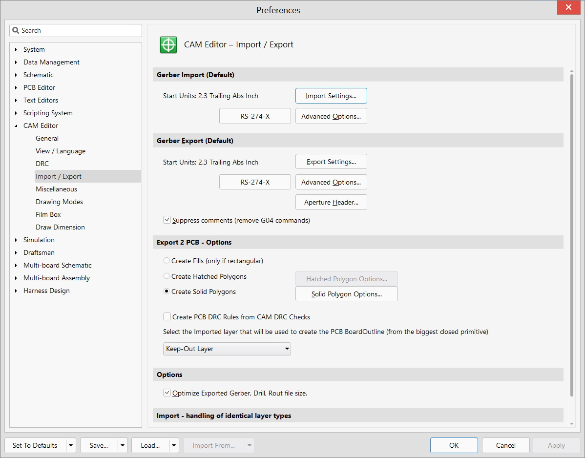 CAM Editor - Preferences - Import / Export