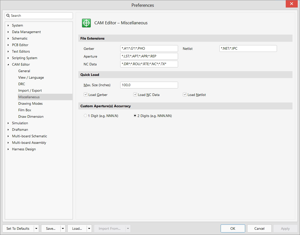 CAM Editor - Preferences - Miscellaneous