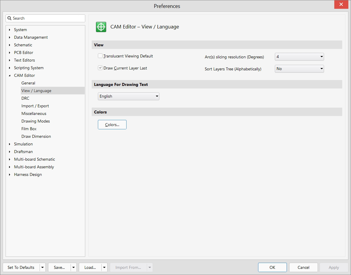 CAM Editor - Preferences - View language