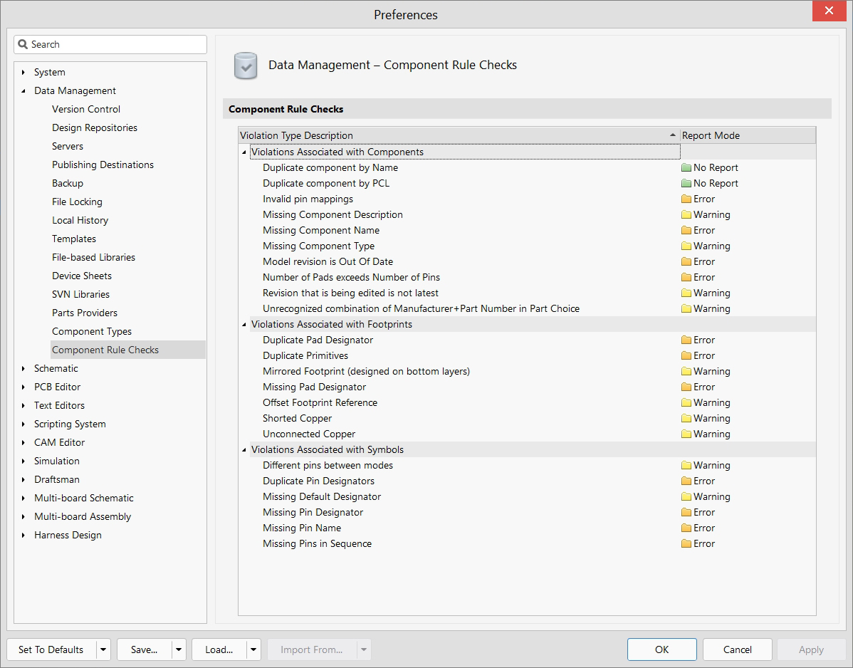Data Management - Preferences - Component Rule Checks
