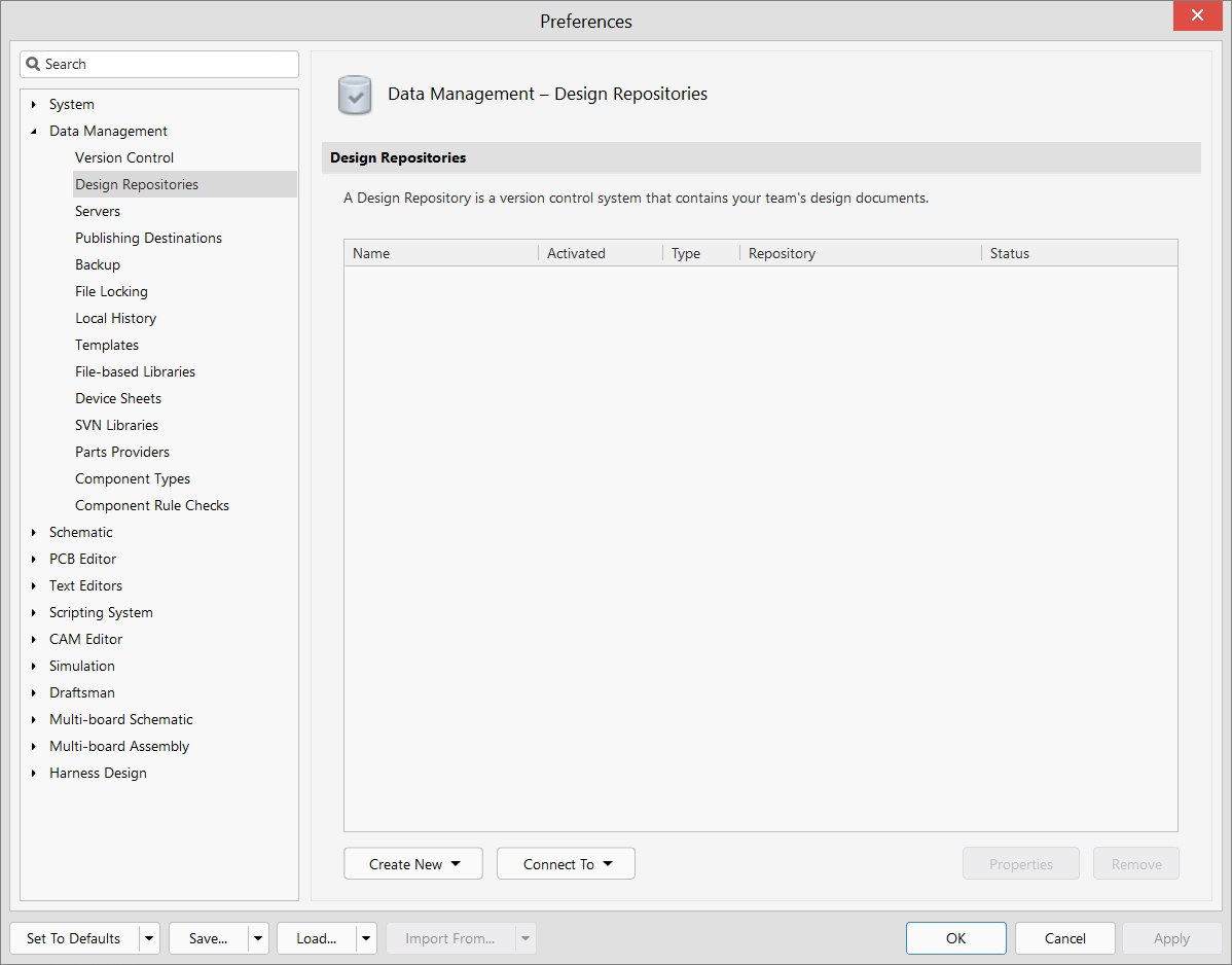 Data Management - Preferences - Design Repositories