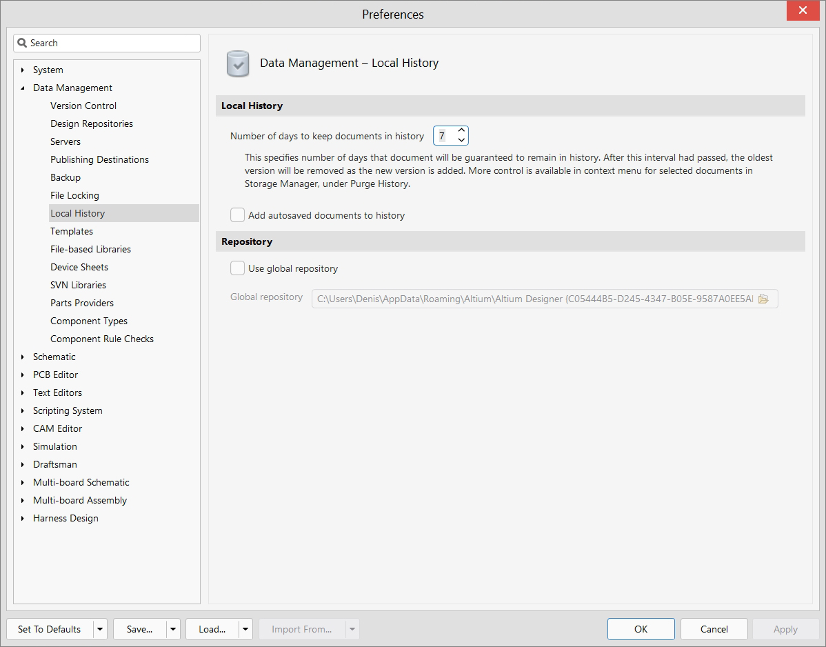 Data Management - Preferences - Local History