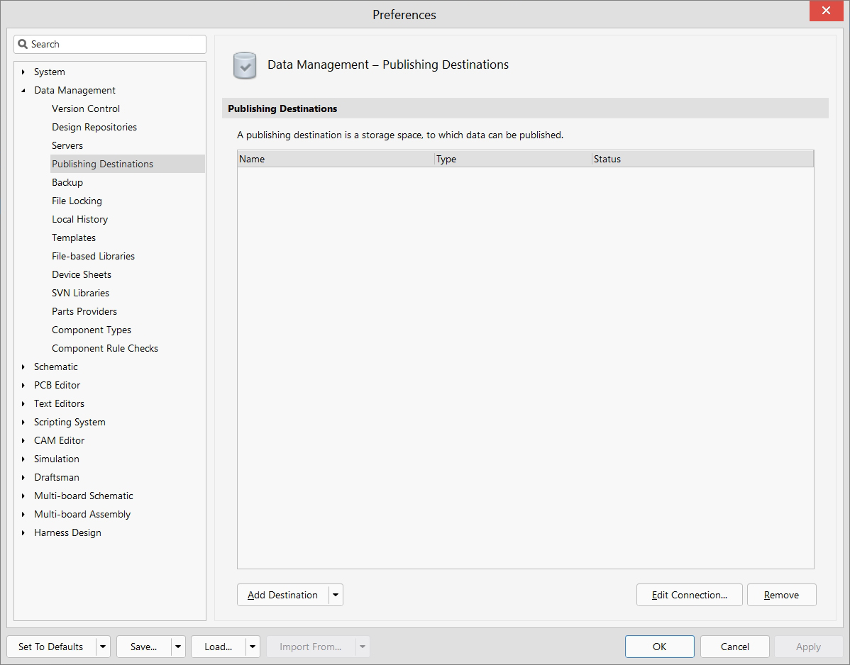 Data Management - Preferences - Publishing Destinations