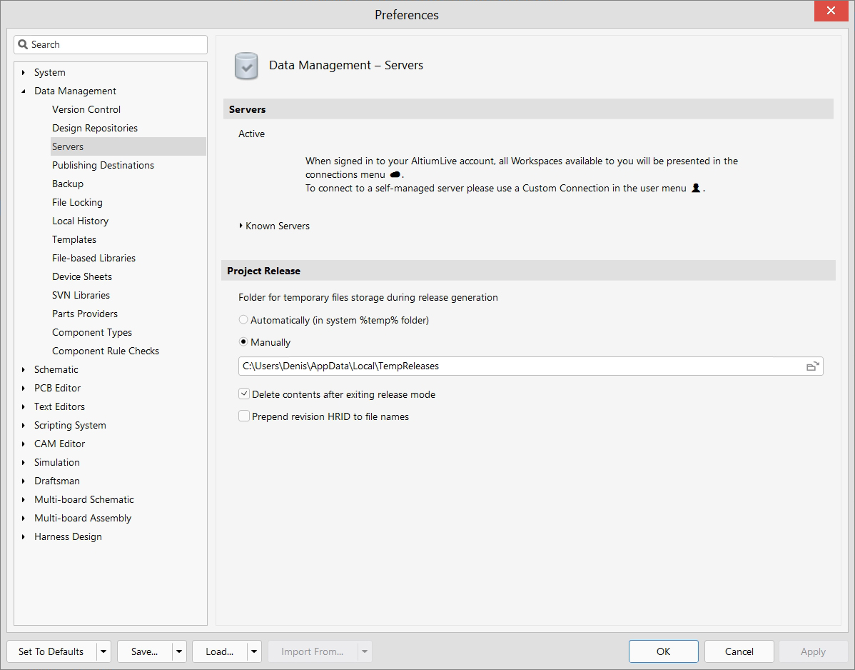 Data Management - Preferences - Servers