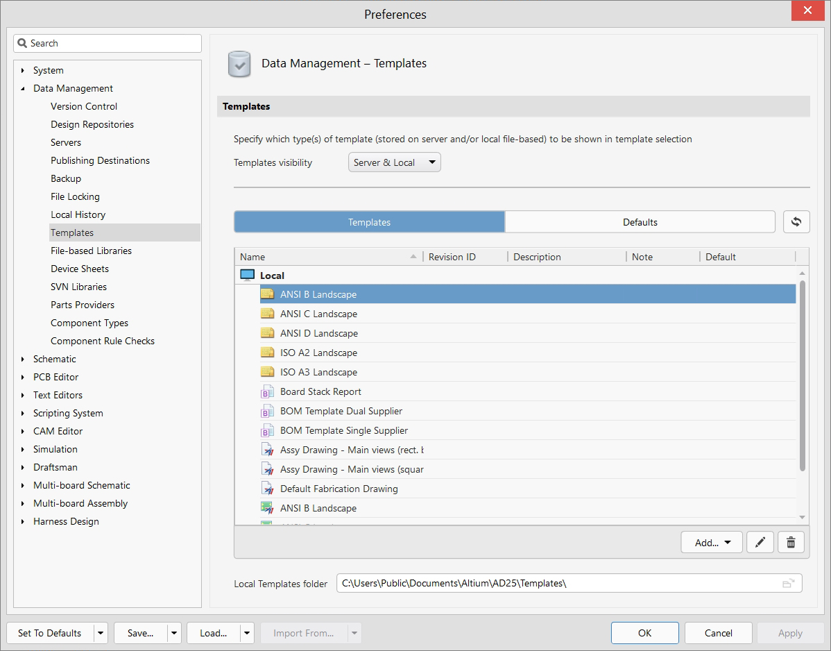 Data Management - Preferences - Templates