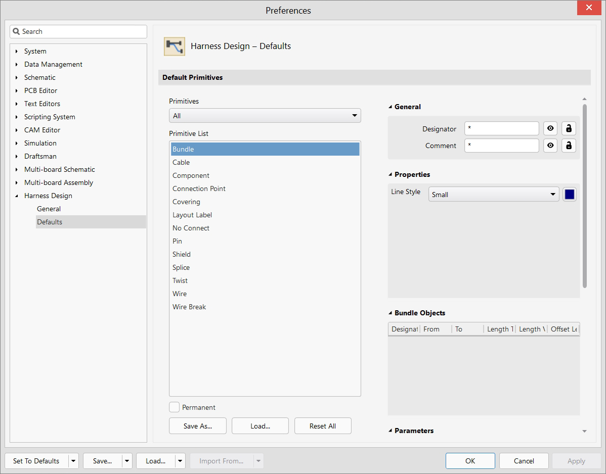 Harness design - Preferences - Defaults