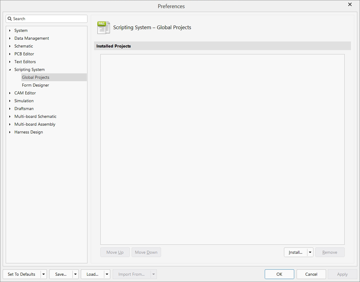 Scripting System - Preferences - Global projects